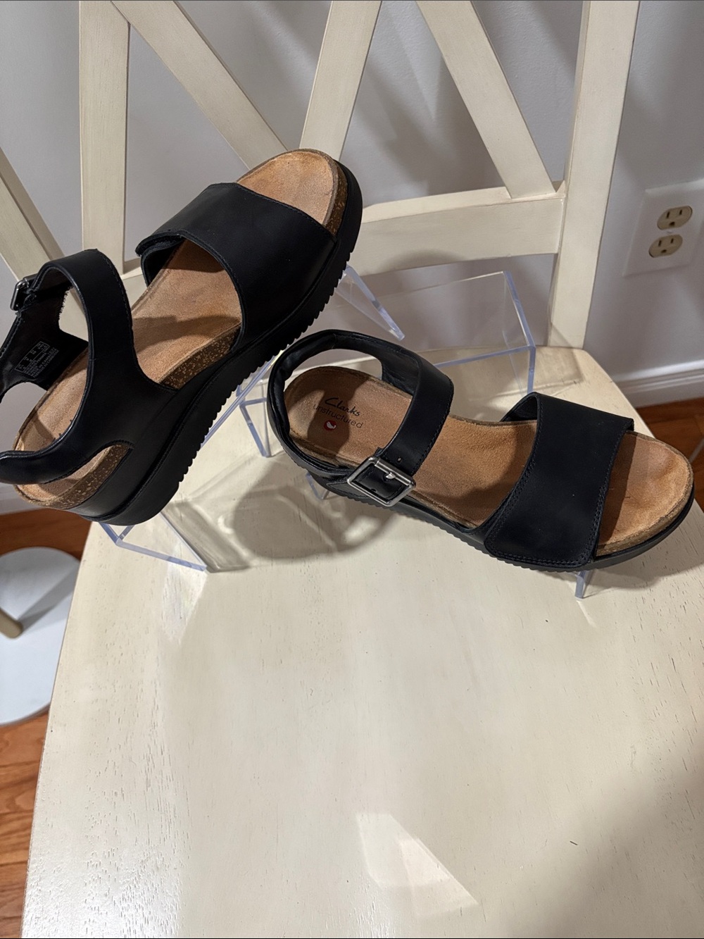 Clarks Black Leather Wedge Open-Toe Buckle Sandals